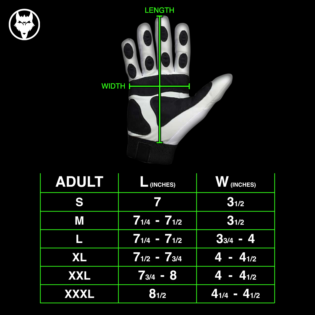Canine Batting Gloves black and white size chart