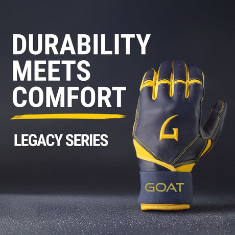 Legacy Series Long Cuff Navy Blue and Yellow Batting Gloves