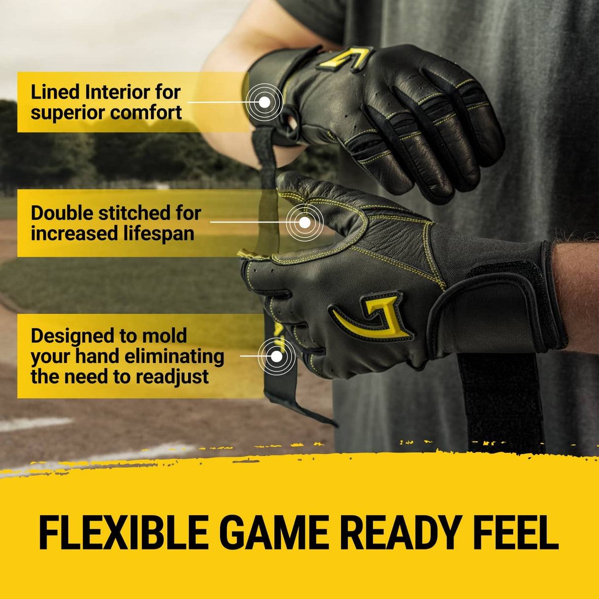 Legacy Series Long Cuff Black and Yellow Batting Gloves