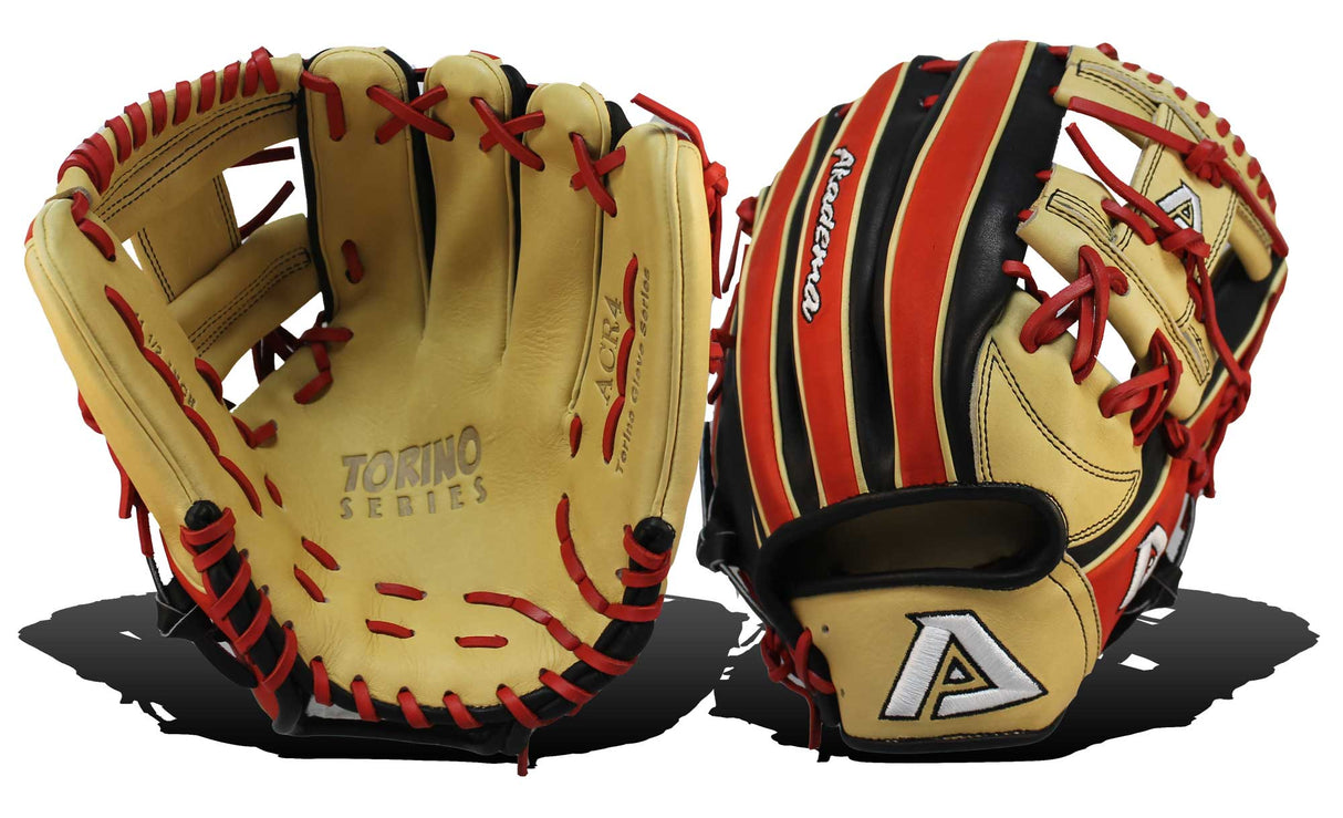 Akadema Torino fielder’s mitt in beige, black, and red