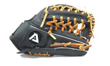 Akadema Professional fielder's mitt in black with leather color laces, thumb side view