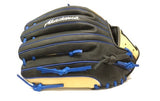 Akadema Steerhide fielder's mitt in beige and black with blue laces, pinky side view