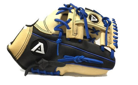 Akadema Steerhide fielder's mitt in beige and black with blue laces, thumb side view