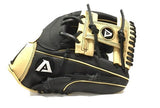 Akadema Steerhide fielder's mitt in black and beige, thumb side view