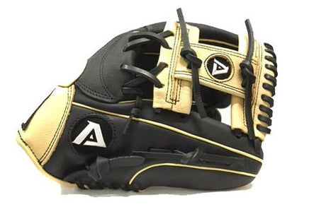 Akadema Steerhide fielder's mitt in black and beige, thumb side view