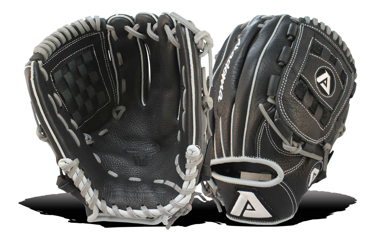 Akadema Steerhide fielder's mitt in black and grey, palm view