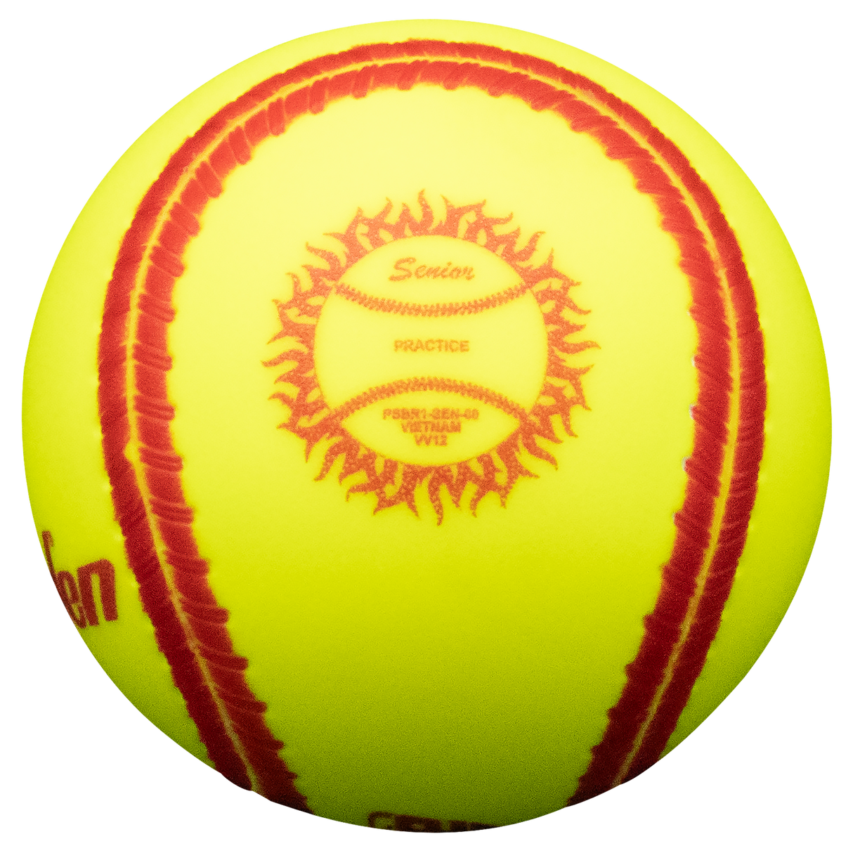 Wide red seams for training batters eye and seeing spin off bat; Ball hits and feels like a regulation slow pitch ball; One piece cover. Senior Logo on ball