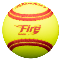 Wide red seams for training batters eye and seeing spin off bat; Ball hits and feels like a regulation slow pitch ball; One piece cover. Fire Logo