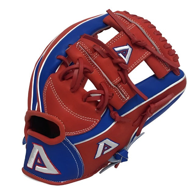 Akadema Torino fielder's mitt in red and blue, thumb side view