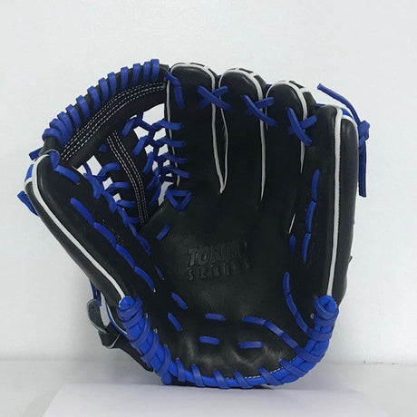 Akadema Torino fielder's mitt in black with blue laces, palm view