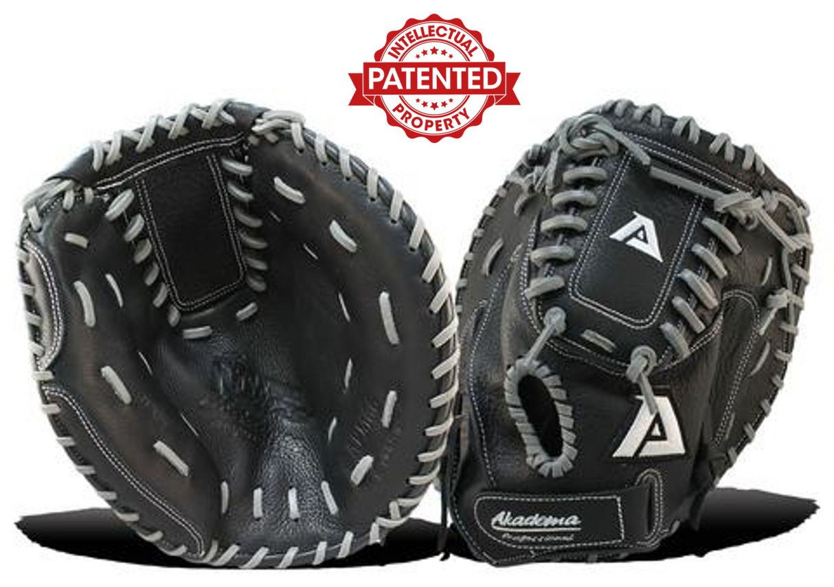 Akadema first base mitt in black and grey