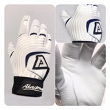 Akadema batting glove in white with navy accents, showing palm grip surface