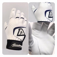 Akadema batting glove in white with navy accents, showing palm grip surface