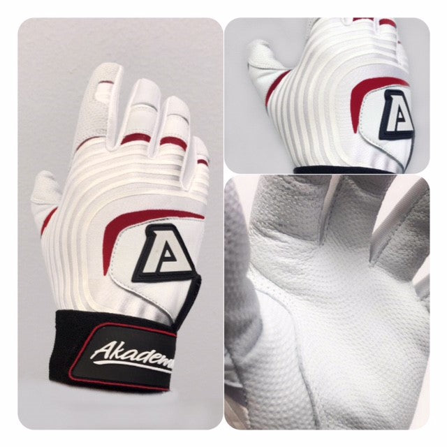 Akadema batting glove in white with wine accents, showing palm grip surface