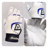 Akadema batting glove in white with dark blue accents, showing palm grip surface